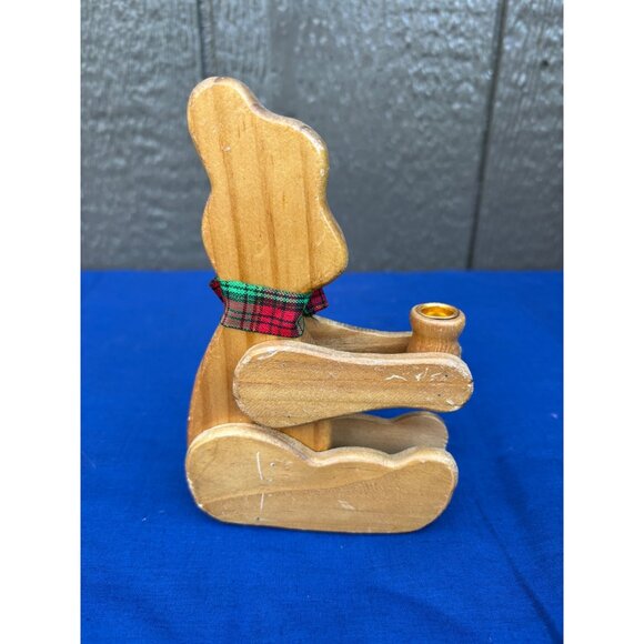 Vintage Wooden Teddy Bear Candle Holder With Plaid Bow Decoration - Picture 3 of 6